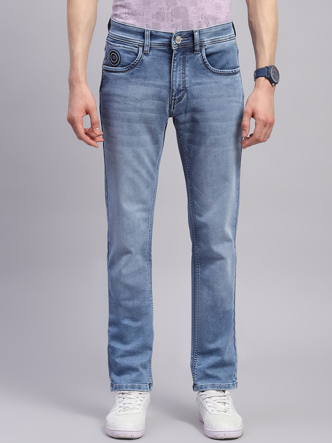 

Monte Carlo Mid-Rise Clean Look Straight Fit Whiskers and Chevrons Heavy Fade Cotton Jeans, Blue