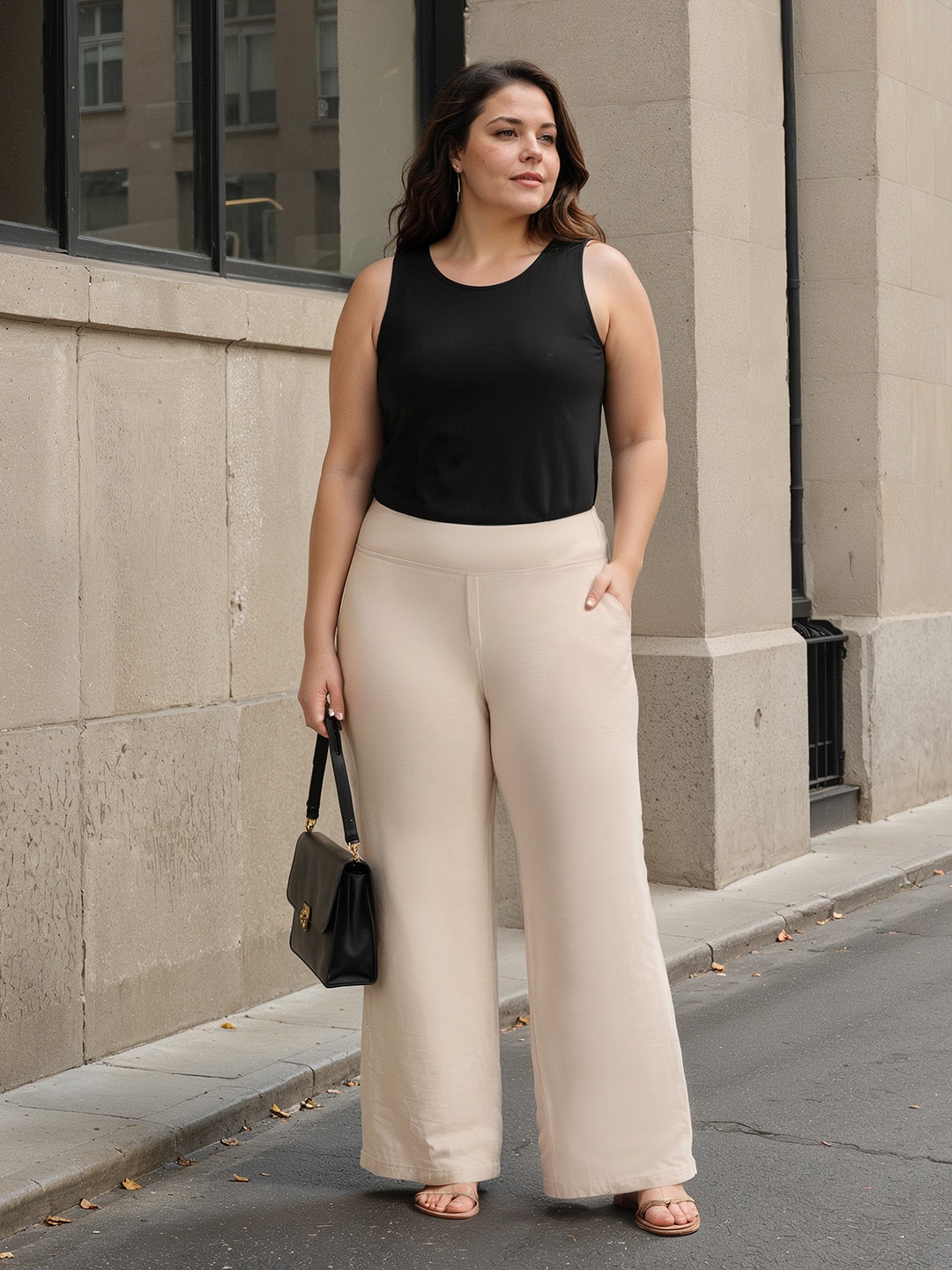 

Blissclub Women Flared High-Rise Parallel Trousers, Beige