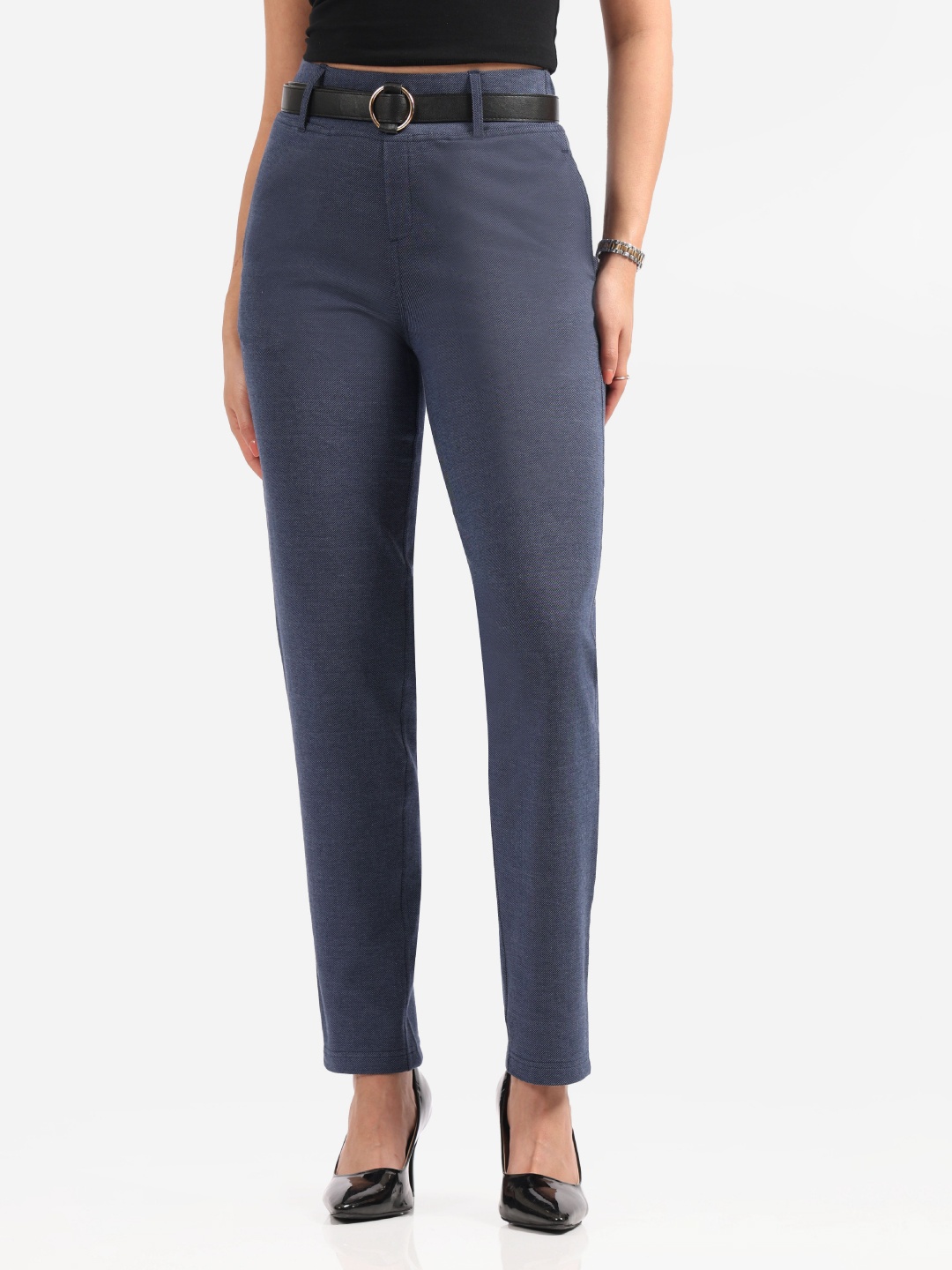 

Blissclub Women Straight Fit High-Rise Trousers, Navy blue