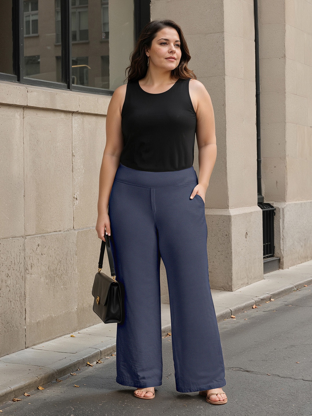 

Blissclub Women Flared High-Rise Trousers, Navy blue