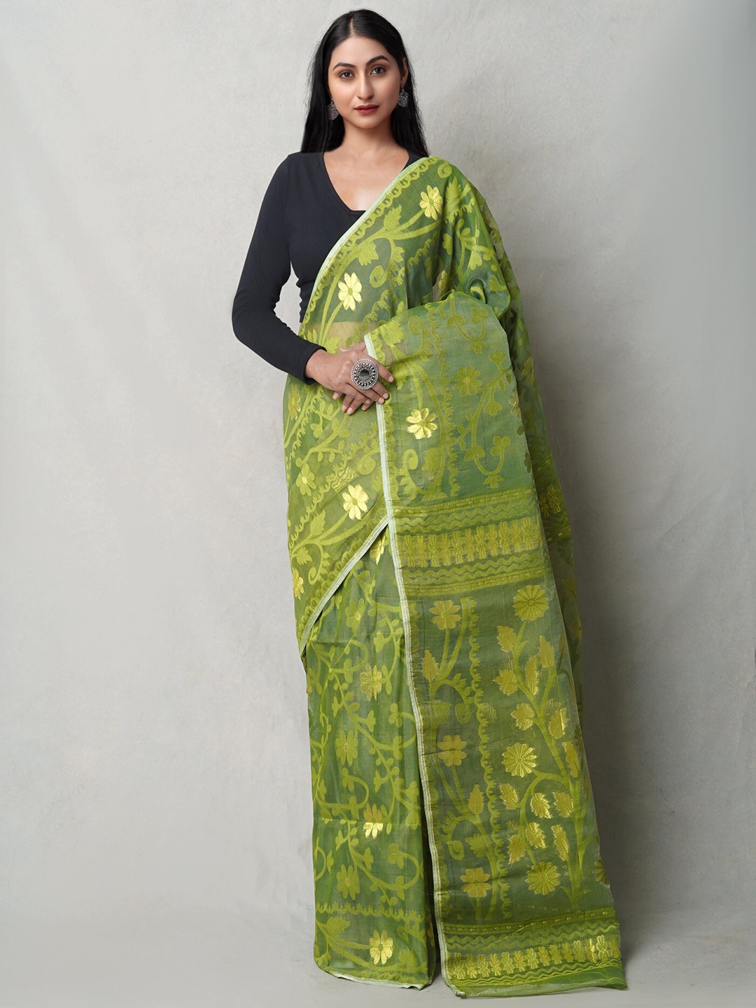 

Unnati Silks Woven Design Zari Pure Cotton Handloom Jamdani Saree, Green