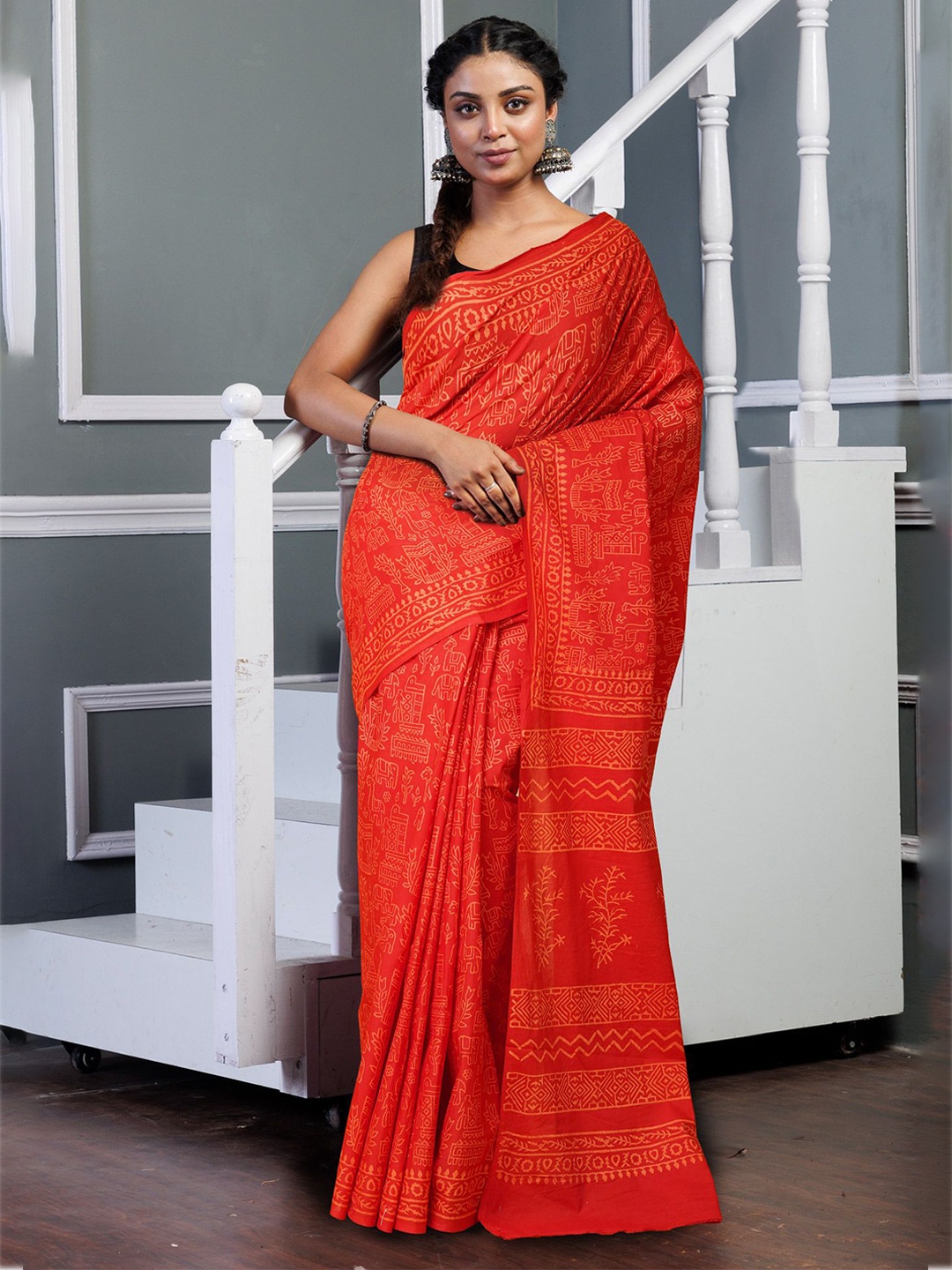 

Unnati Silks Pure Cotton Handloom Block Print Saree, Red