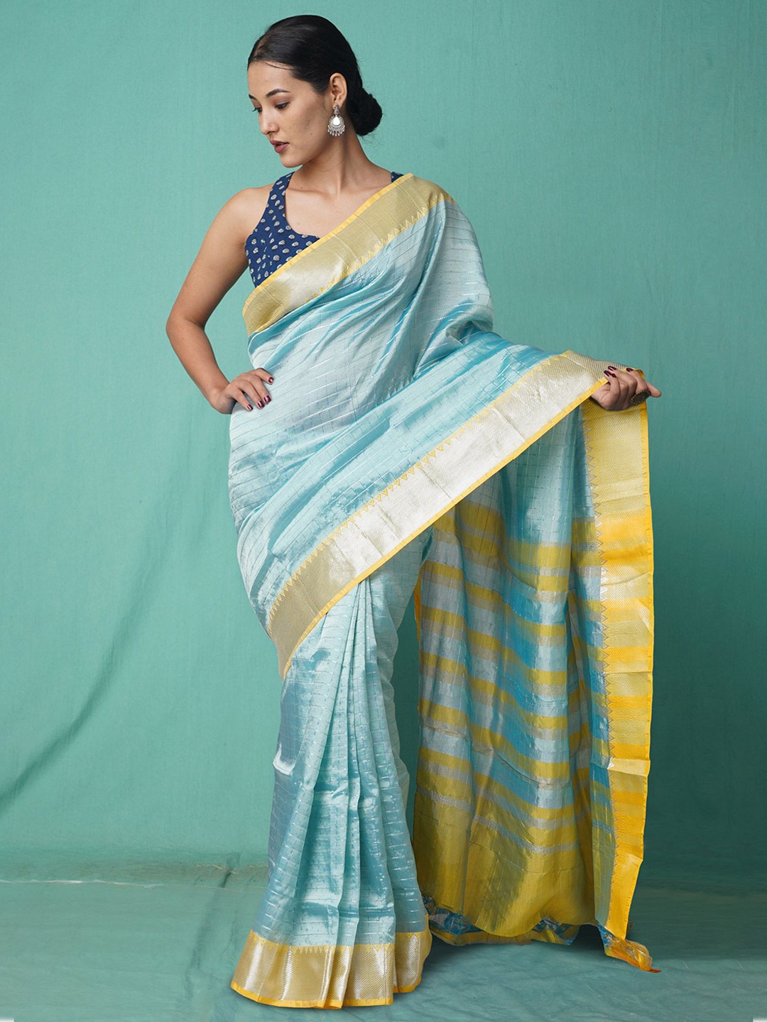 

Unnati Silks Woven Design Zari Pure Silk Handloom Mangalagiri Saree, Blue