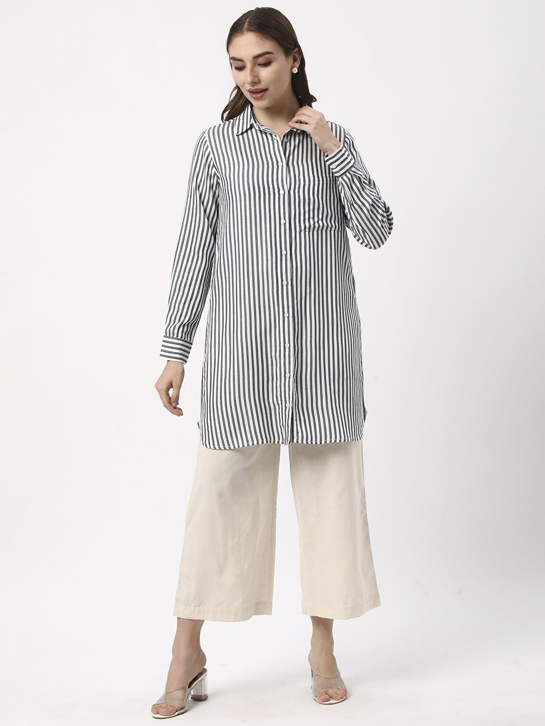 

R&B Women Striped Cuffed Sleeves Shirt Style Top, Blue