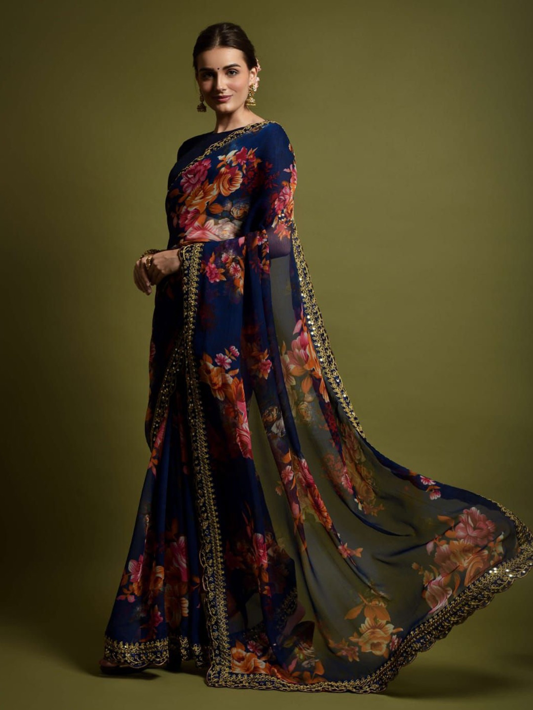 

ZIBLON Floral Sequinned Pure Georgette Saree, Blue