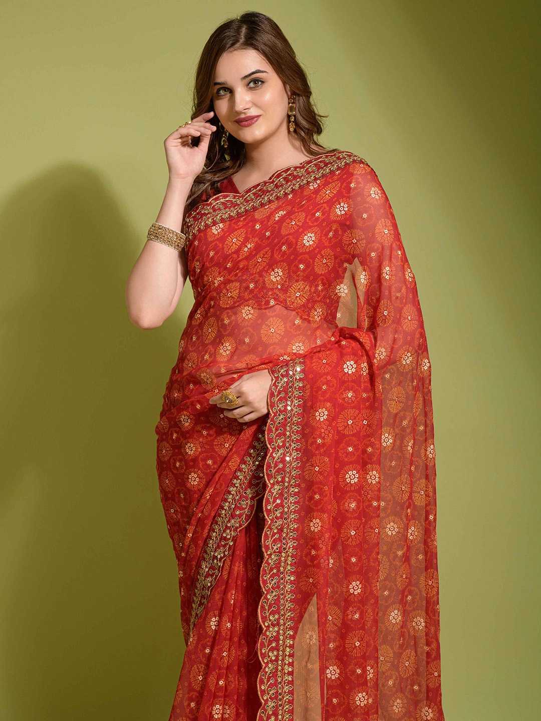 

ZIBLON Ethnic Motifs Pure Georgette Sequinned Saree, Red