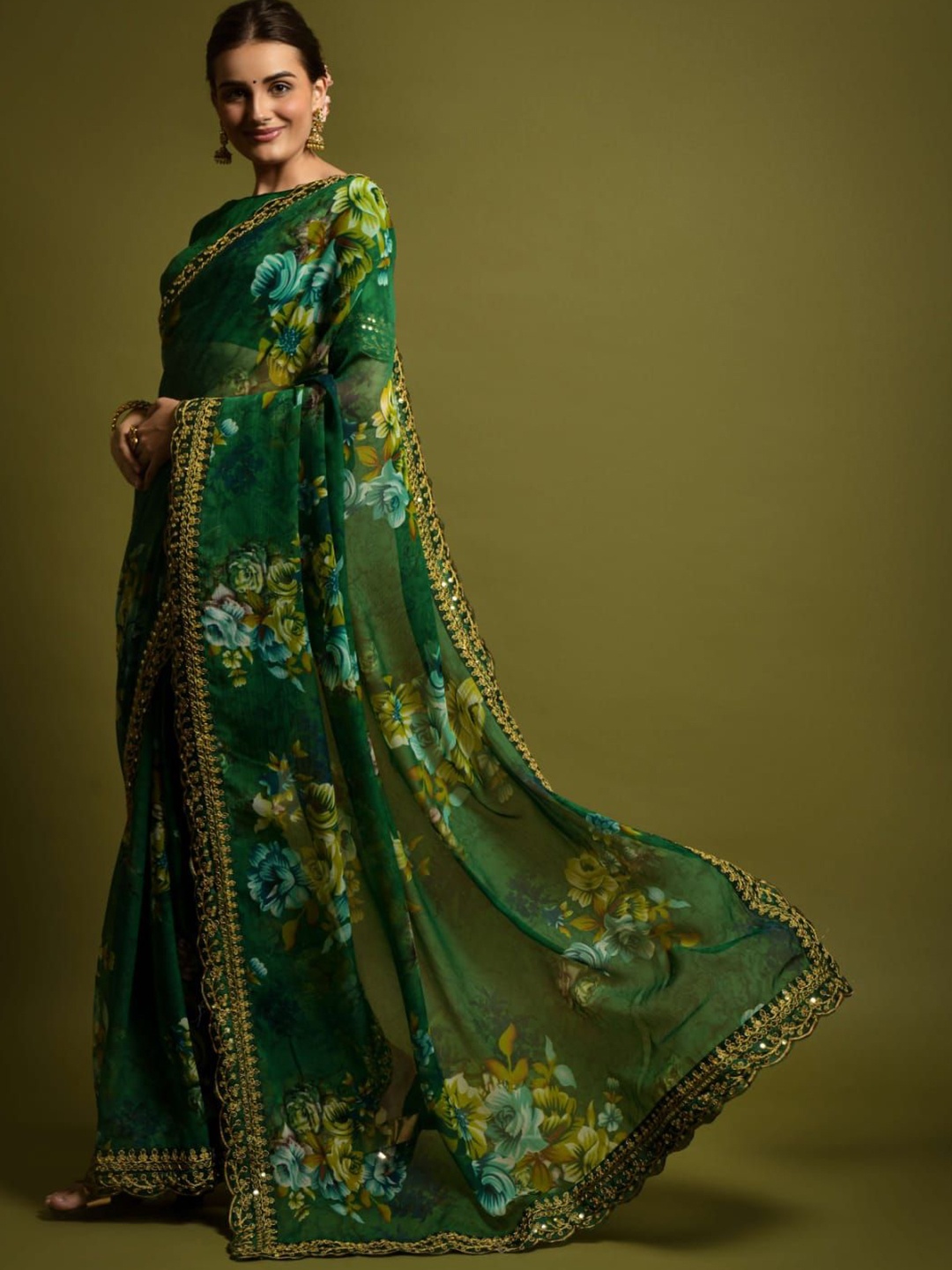 

ZIBLON Floral Sequinned Pure Georgette Saree, Green
