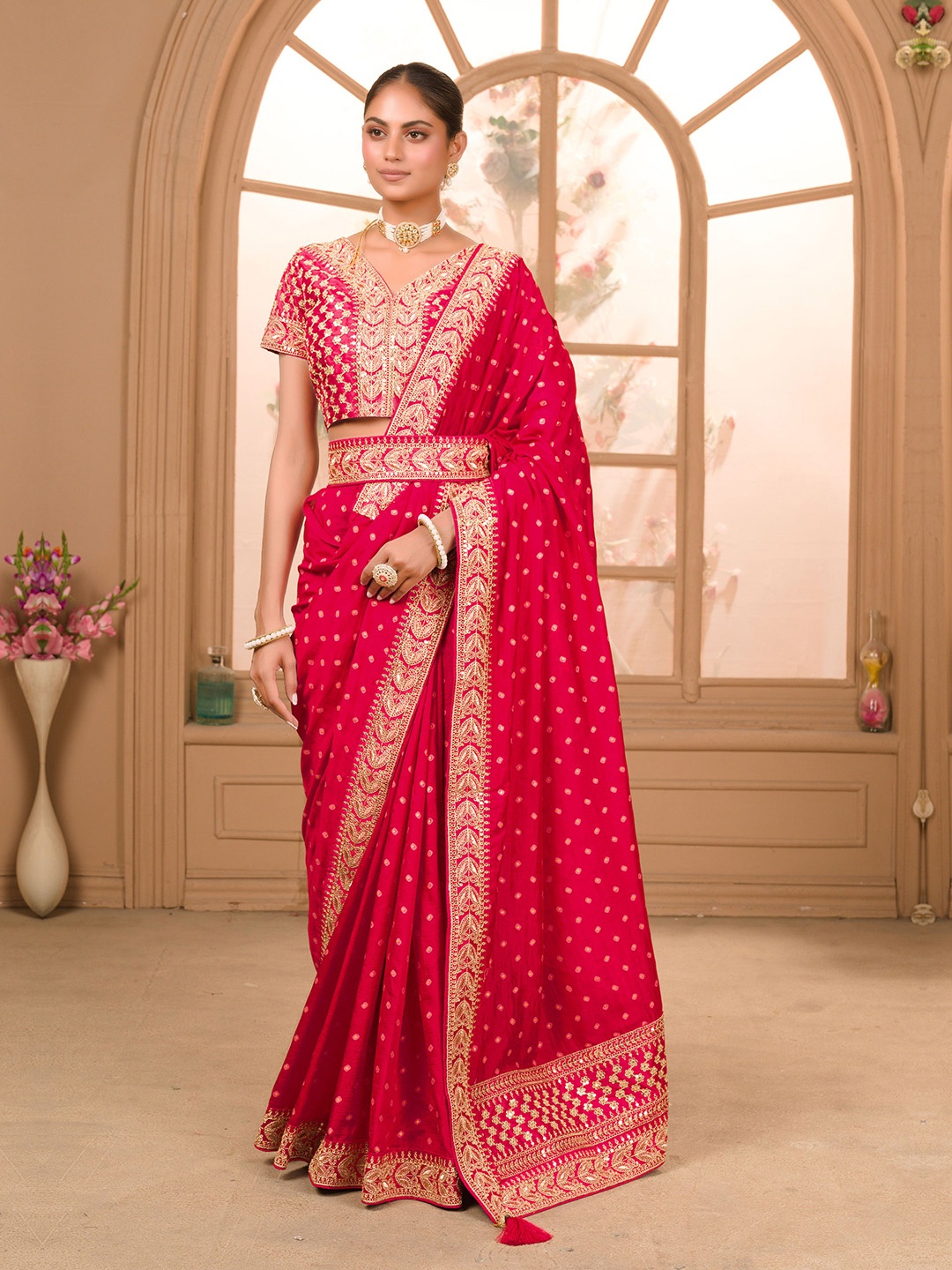 

ZIBLON Sequinned Pure Silk Belted Saree, Pink