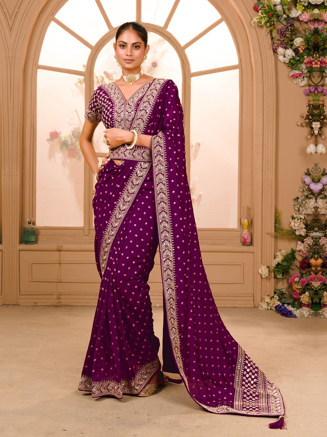 

ZIBLON Zari Pure Silk Belted Saree, Purple