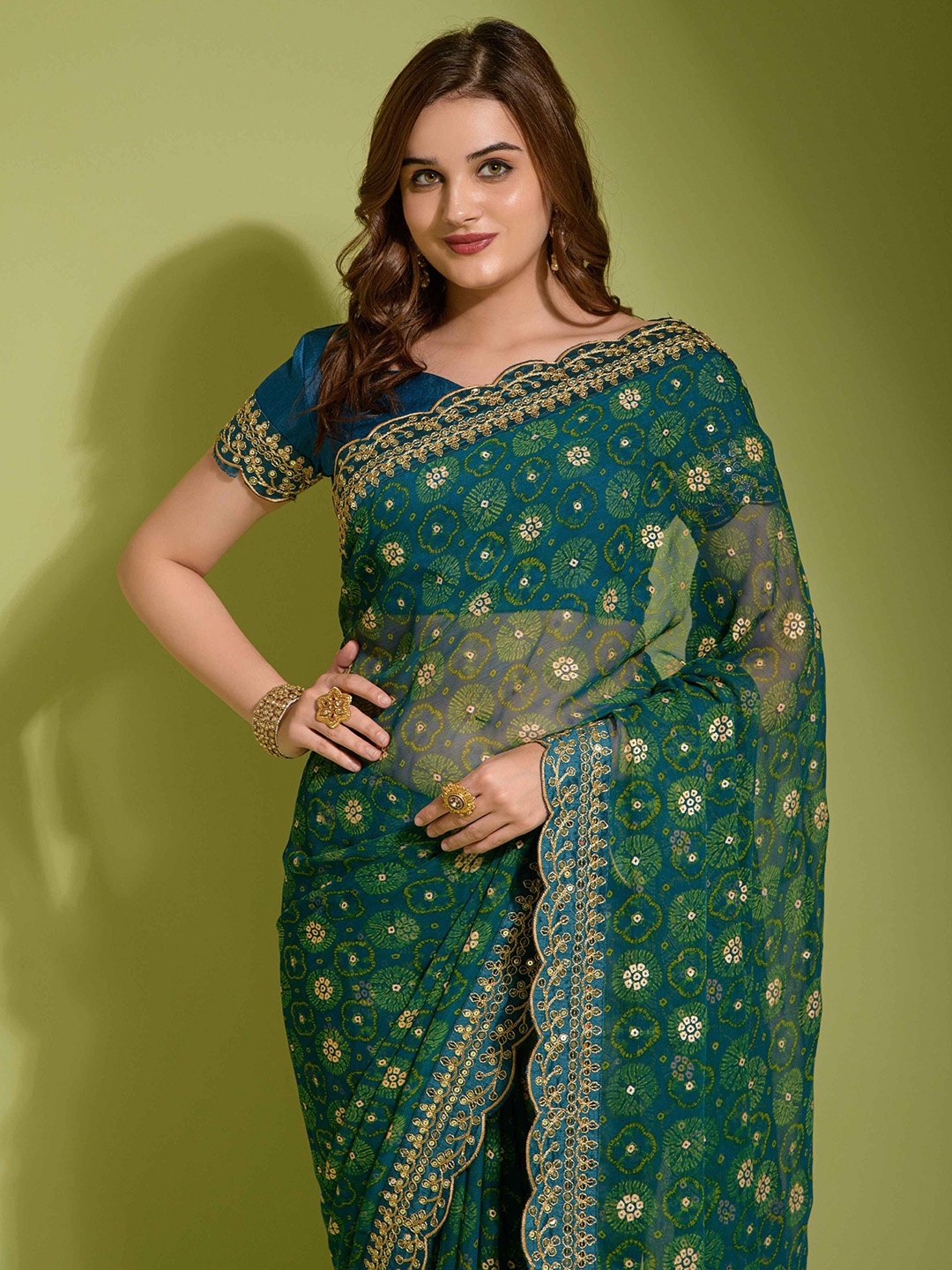 

ZIBLON Floral Sequinned Pure Georgette Saree, Green