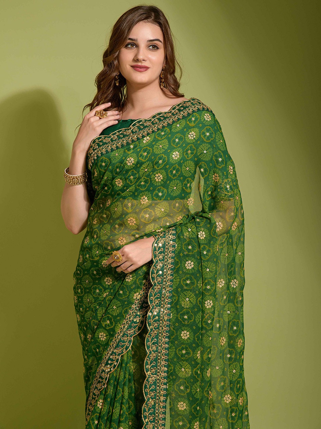 

ZIBLON Floral Sequinned Pure Georgette Saree, Green