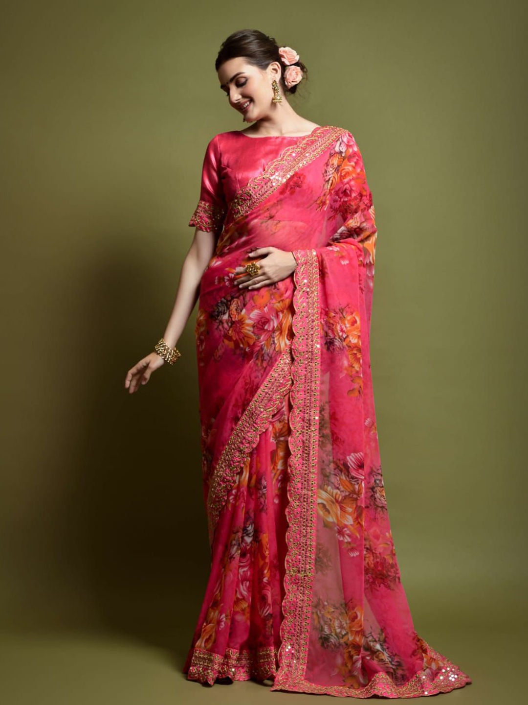 

ZIBLON Floral Sequinned Pure Georgette Saree, Pink