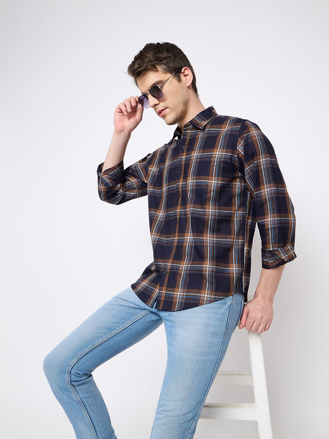 

Club York Men Tartan Checks Opaque Checked Casual Shirt, Navy blue