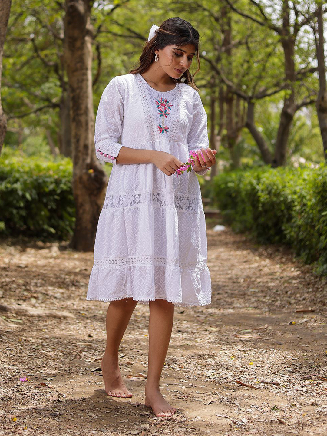 

VASVI Embroidered Schiffli A-Line Dress, White