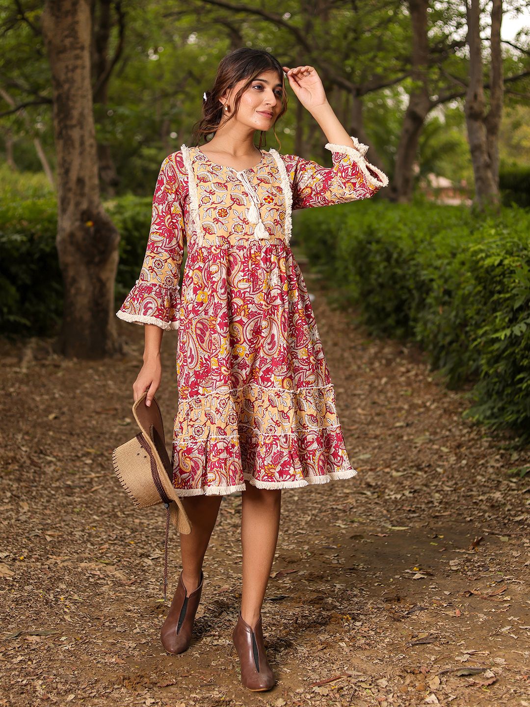 

VASVI Ethnic Motifs Print Round Neck Empire Dress, Multi