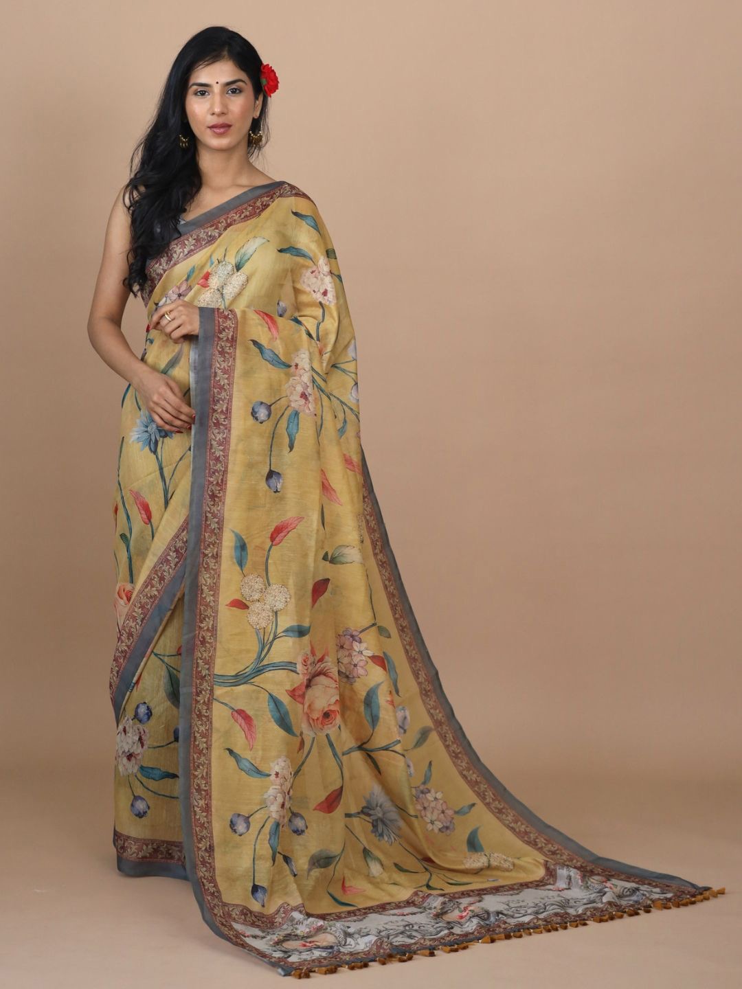 

Yuvani Floral Saree with Tassels, Mustard