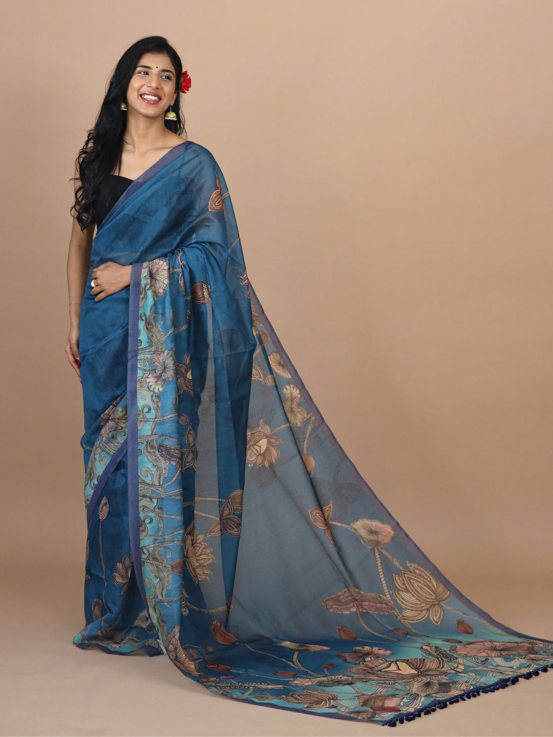 

Yuvani Floral Kalamkari Print Saree, Blue