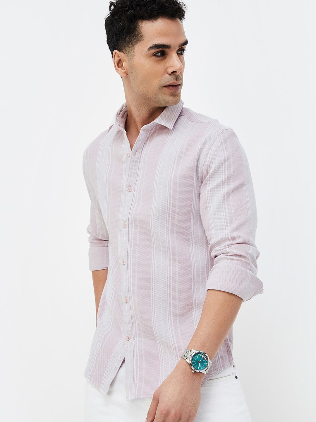 

CODE by Lifestyle Men Vertical Striped Spread Collar Casual Shirt, Pink