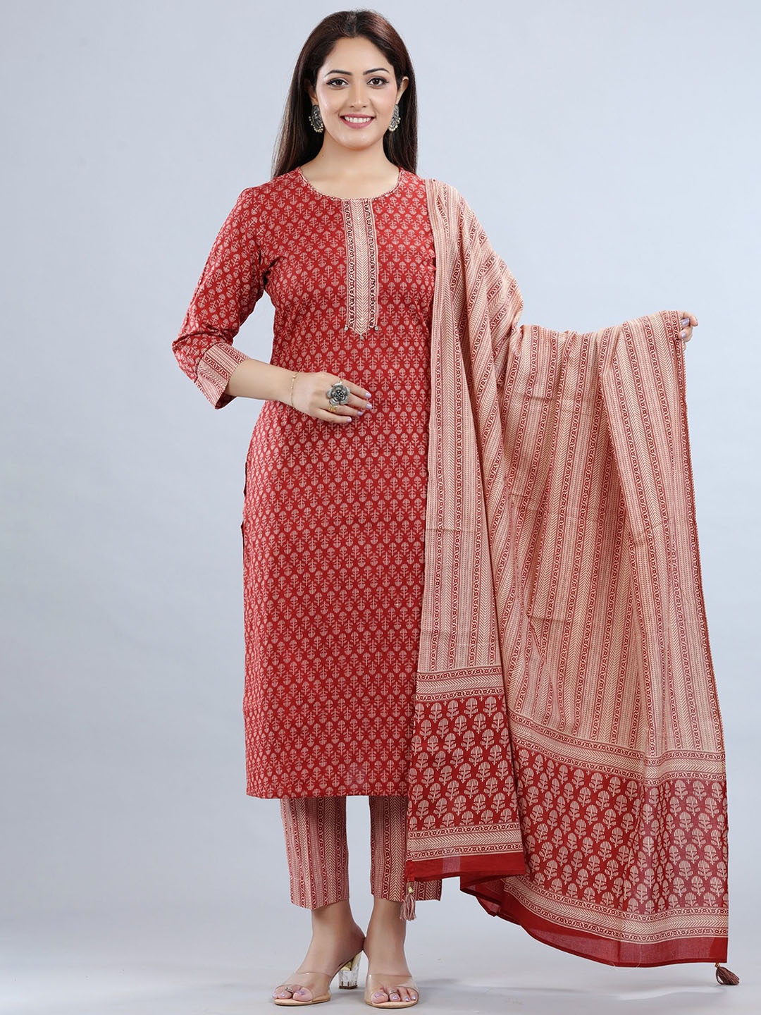 

COTTON CULTURE Floral Printed Pure Cotton Straight Kurta With Trousers & Dupatta, Rust