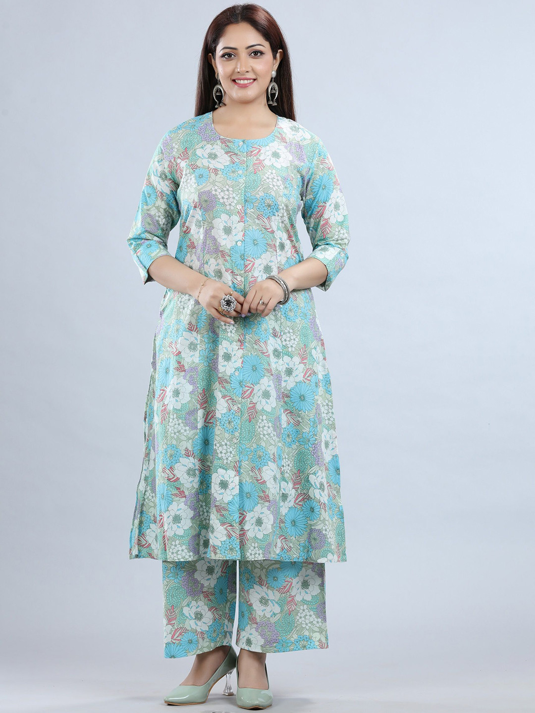 

COTTON CULTURE Floral Printed Pure Cotton A-Line Kurta With Palazzo, Blue