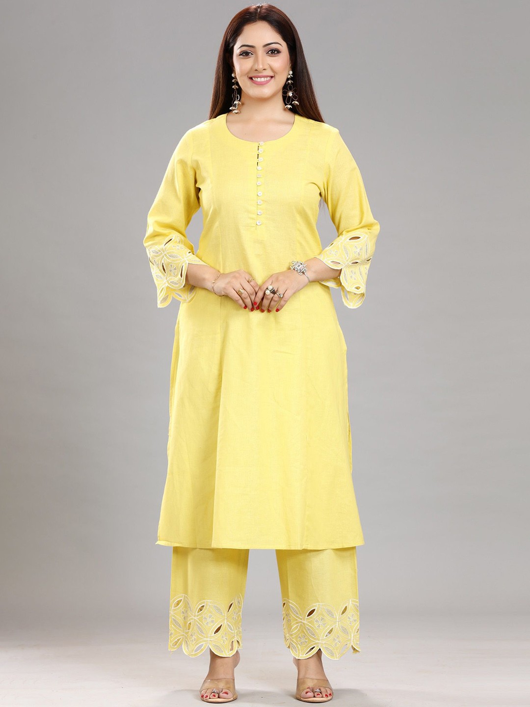 

COTTON CULTURE Floral Embroidered Cotton Silk A-Line Kurta With Palazzo, Yellow
