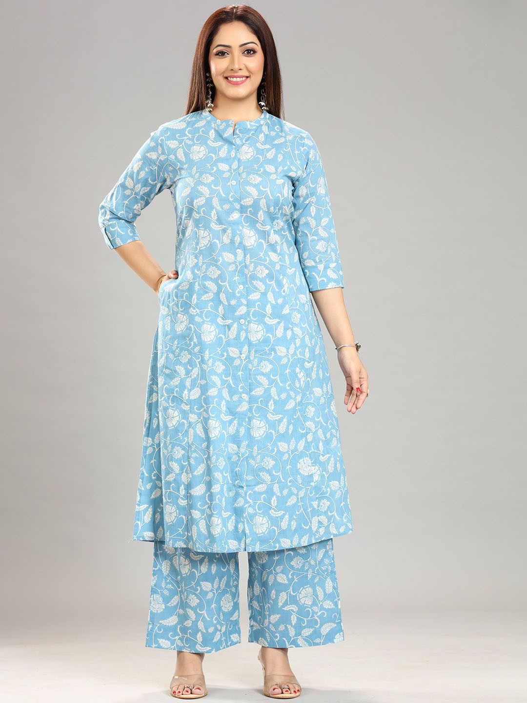 

COTTON CULTURE Floral Printed Mandarin Collar Pure Cotton Kurta with Palazzos, Blue