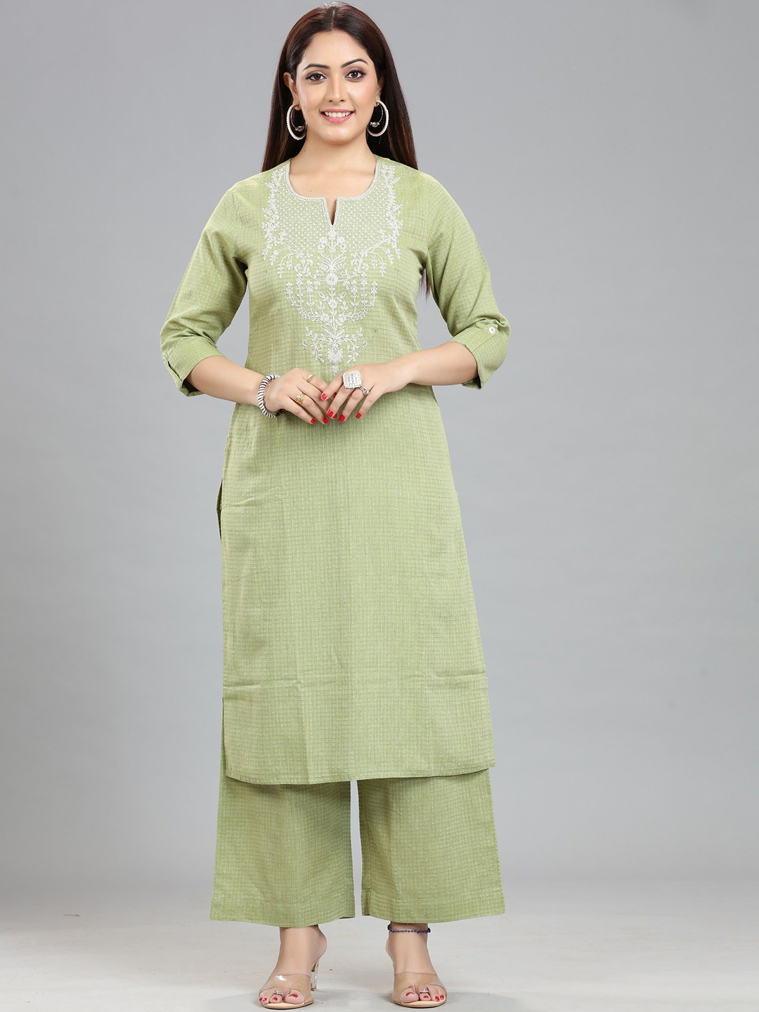 

COTTON CULTURE Floral Embroidered Pure Cotton Straight Kurta With Palazzo, Sea green