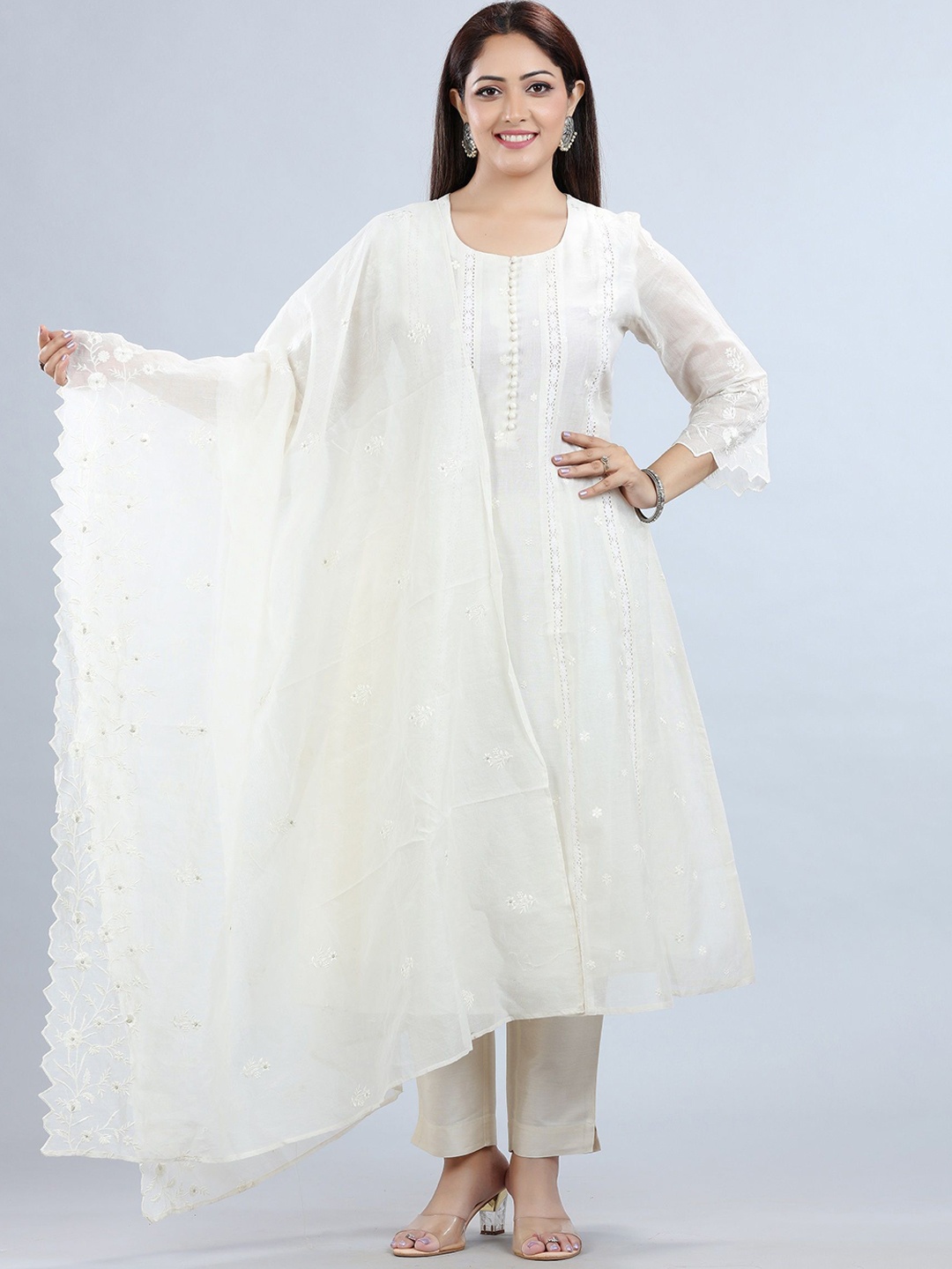 

COTTON CULTURE Floral Embroidered Round Neck Kurta with Trousers & Dupatta, Cream