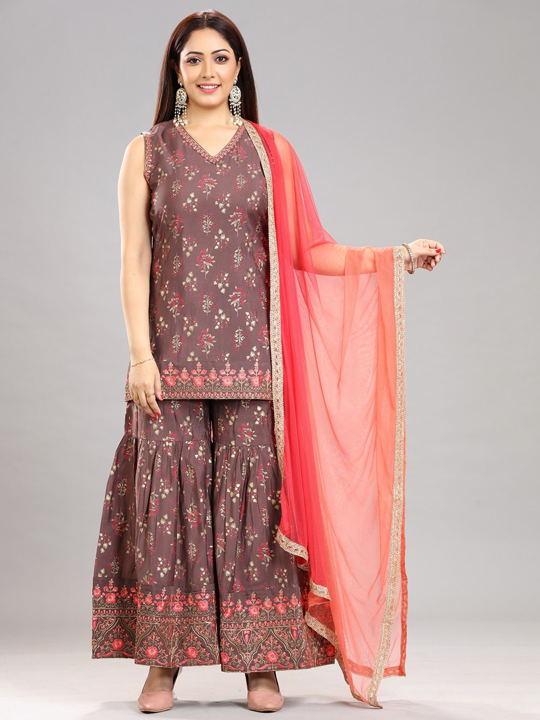 

COTTON CULTURE Floral Printed A-Line Kurta With Sharara & Dupatta, Brown