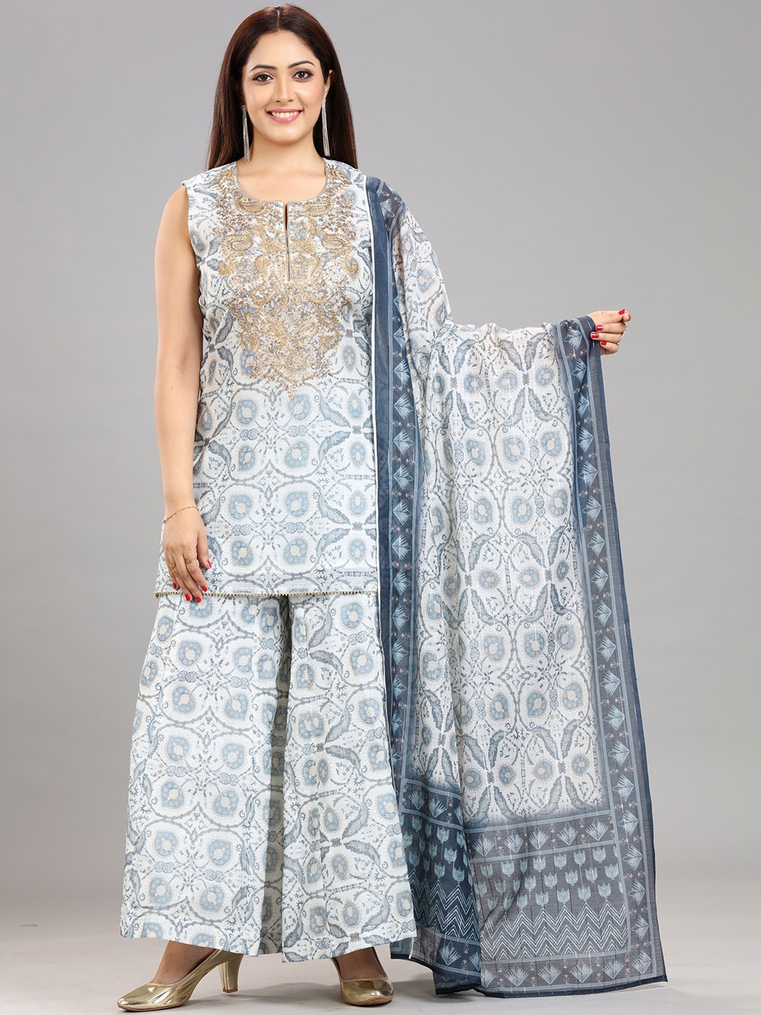 

COTTON CULTURE Printed Thread Work Chanderi Cotton Straight Kurti With Sharara & Dupatta, Off white