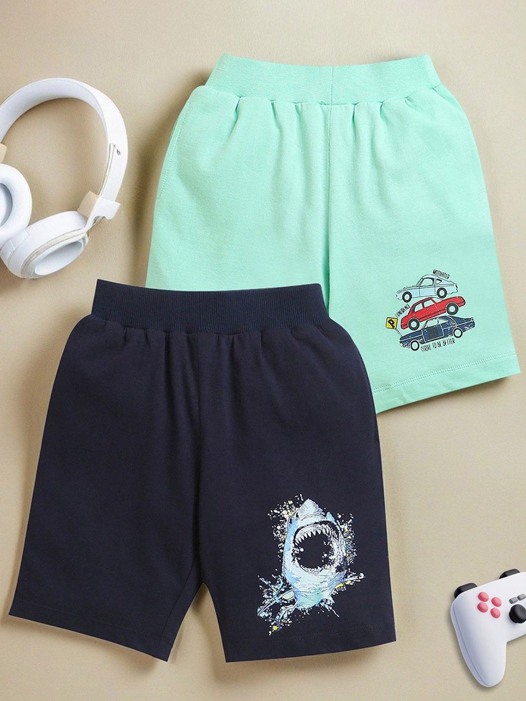 

ZIP ZAP ZOOP Pack Of 2 Boys Graphic Printed Pure Cotton Shorts, Green