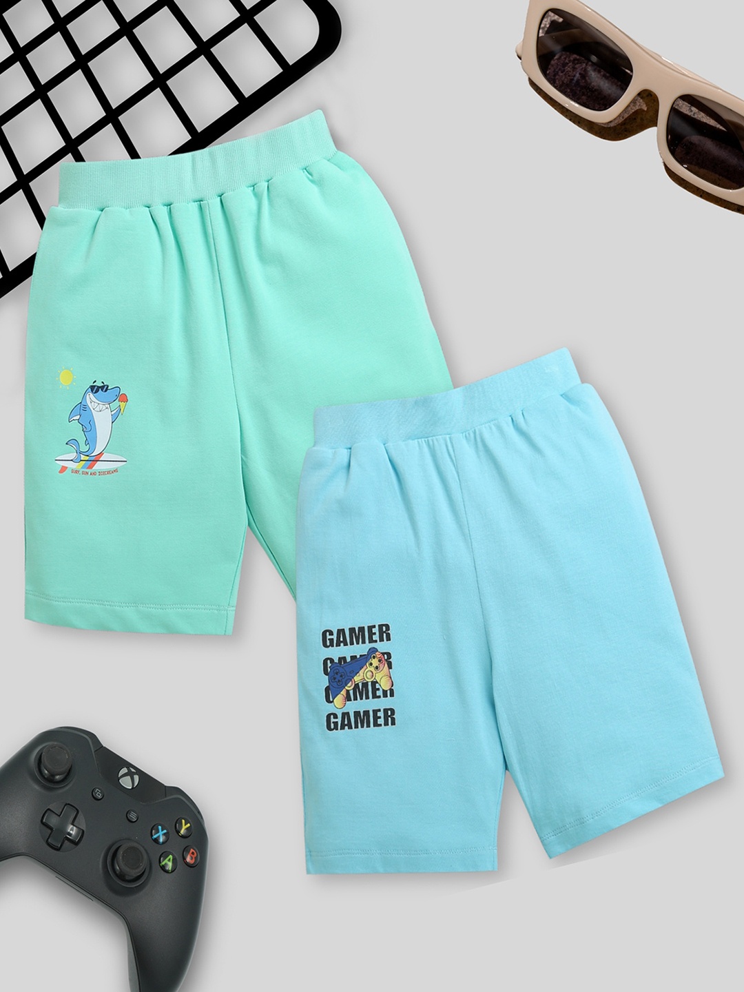 

ZIP ZAP ZOOP Pack Of 2 Boys Pure Cotton Shorts, Sea green