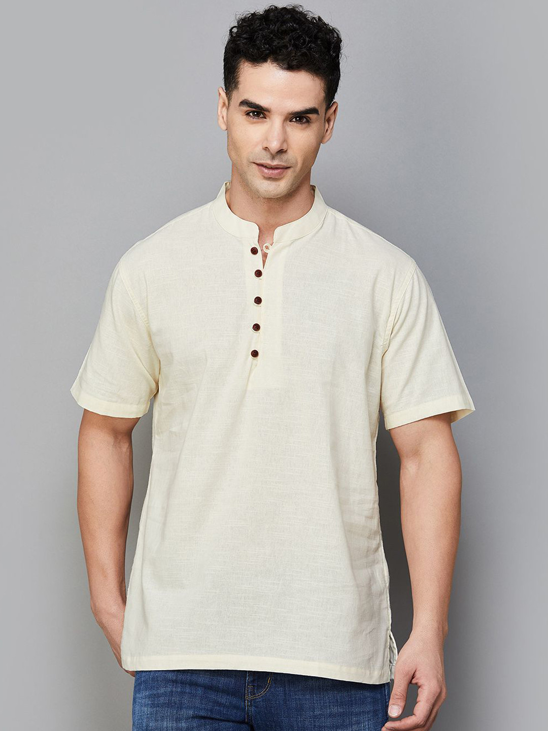 

Melange by Lifestyle Mandarin Collar Cotton Straight Short Kurta, Off white