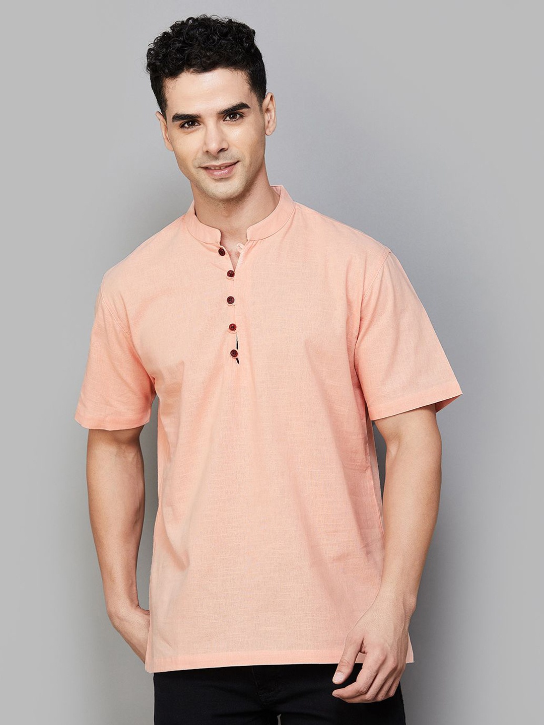 

Melange by Lifestyle Mandarin Collar Cotton Straight Short Kurta, Coral