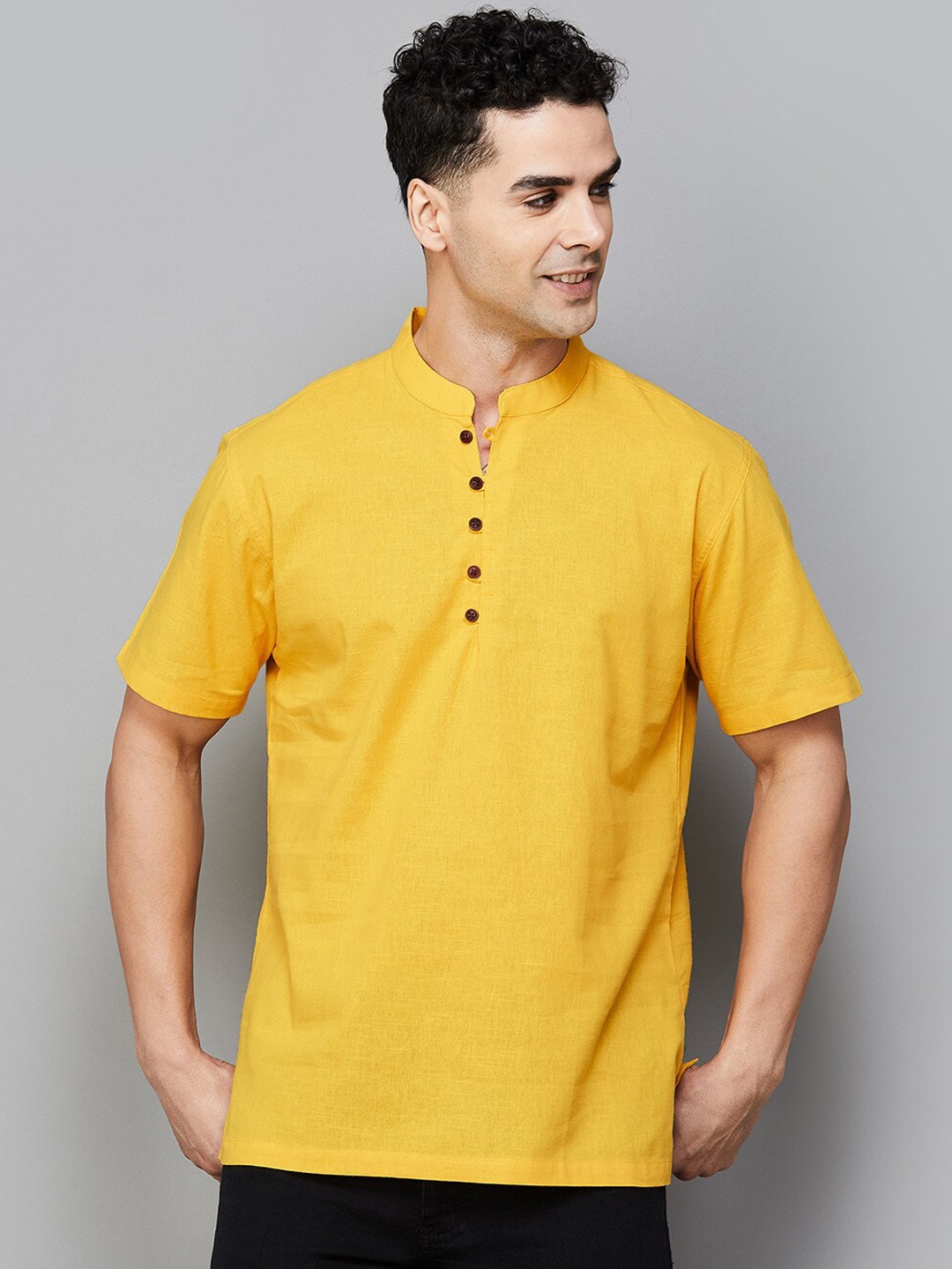 

Melange by Lifestyle Mandarin Collar Cotton Straight Short Kurta, Yellow