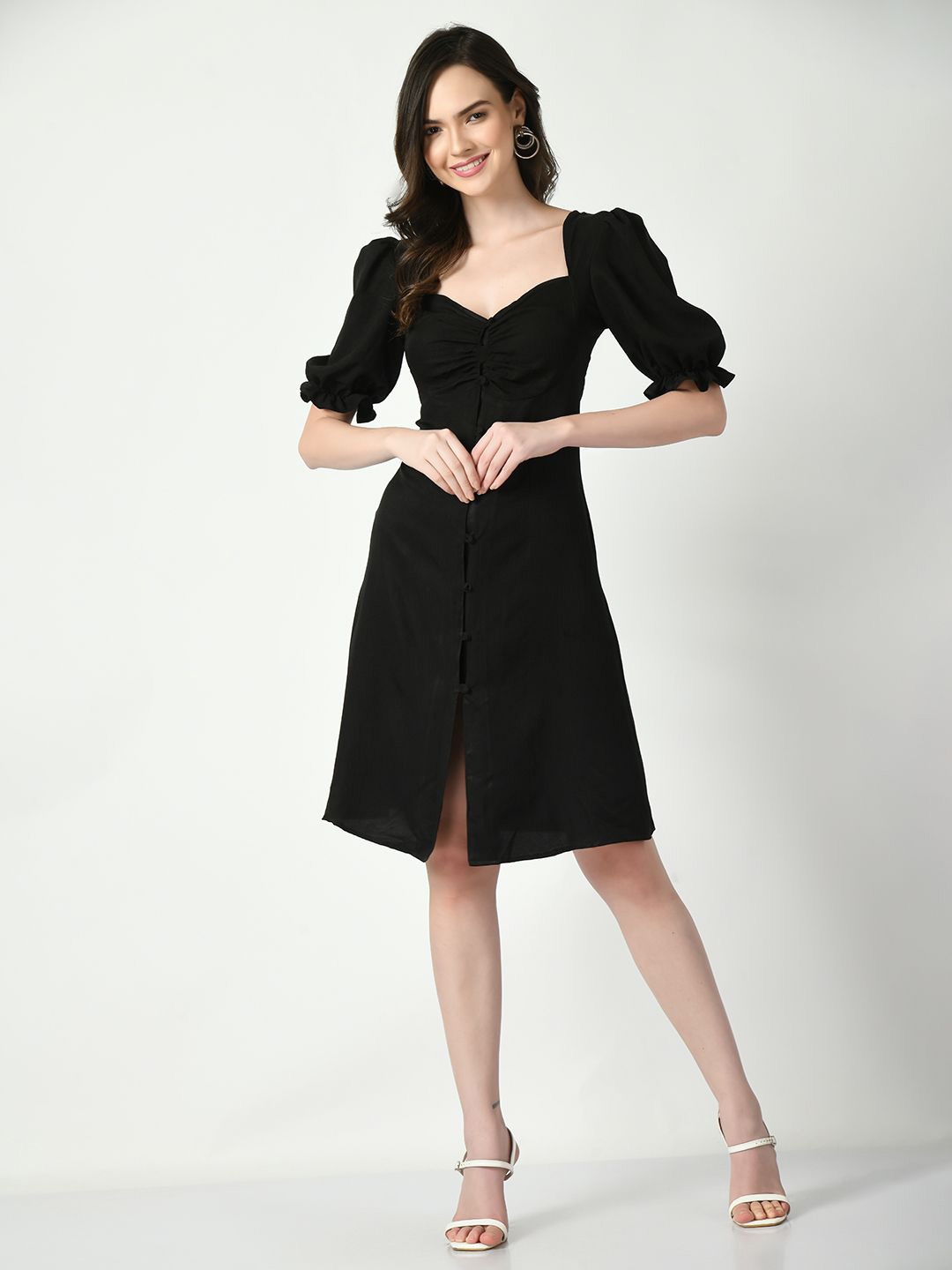 

Tushita Puff Sleeve Crepe A-Line Dress, Black