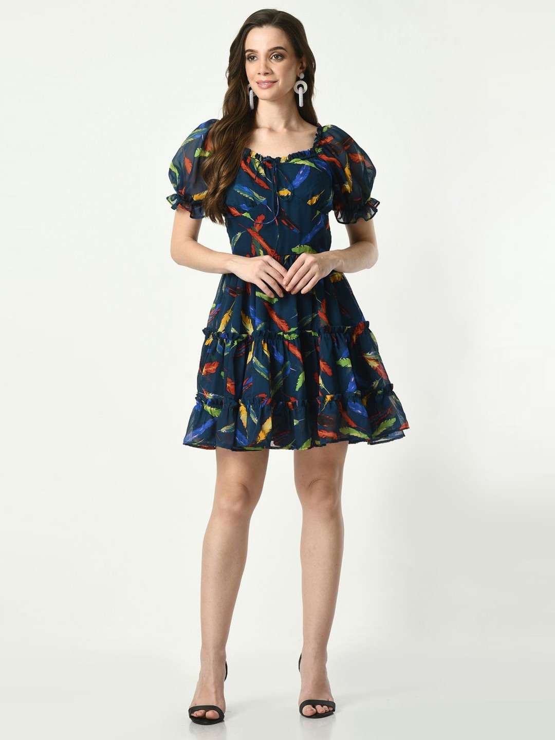 

Tushita Printed Puff Sleeve Georgette Fit & Flare Dress, Teal