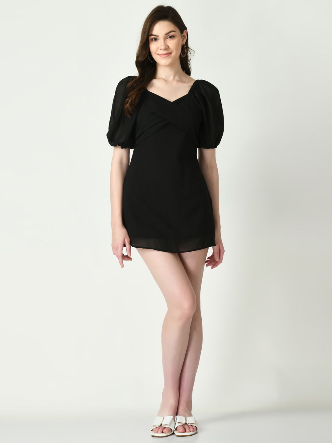 

Tushita Puff Sleeve Georgette A-Line Mini Dress, Black