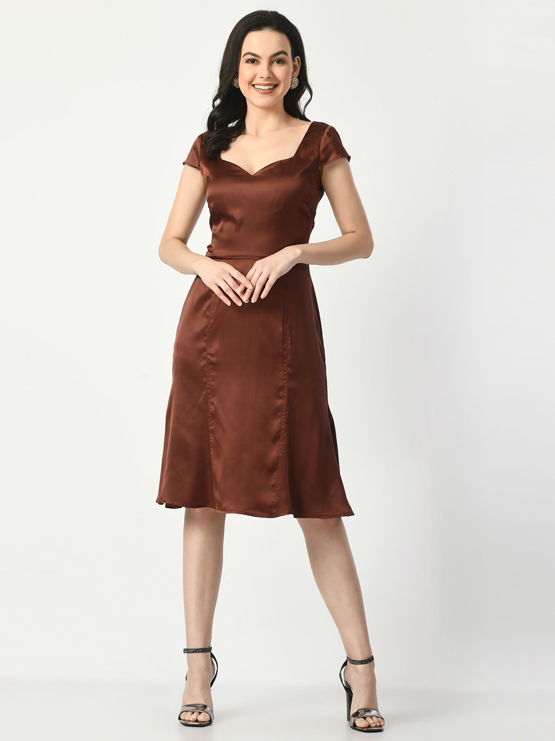 

Tushita Cap Sleeves Satin A-Line Dress, Brown