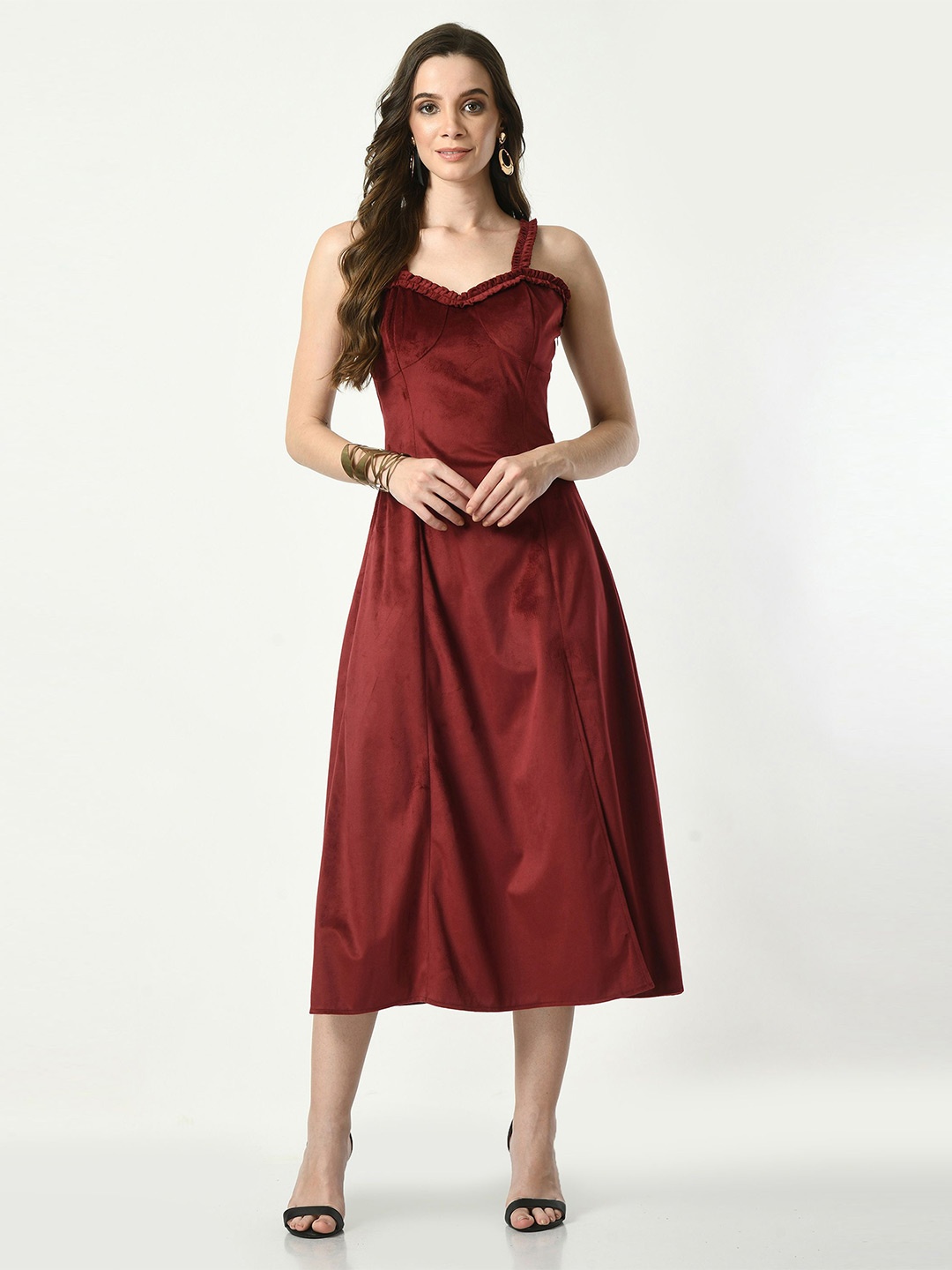 

Tushita Women Velvet Fit & Flare Midi Dress, Maroon