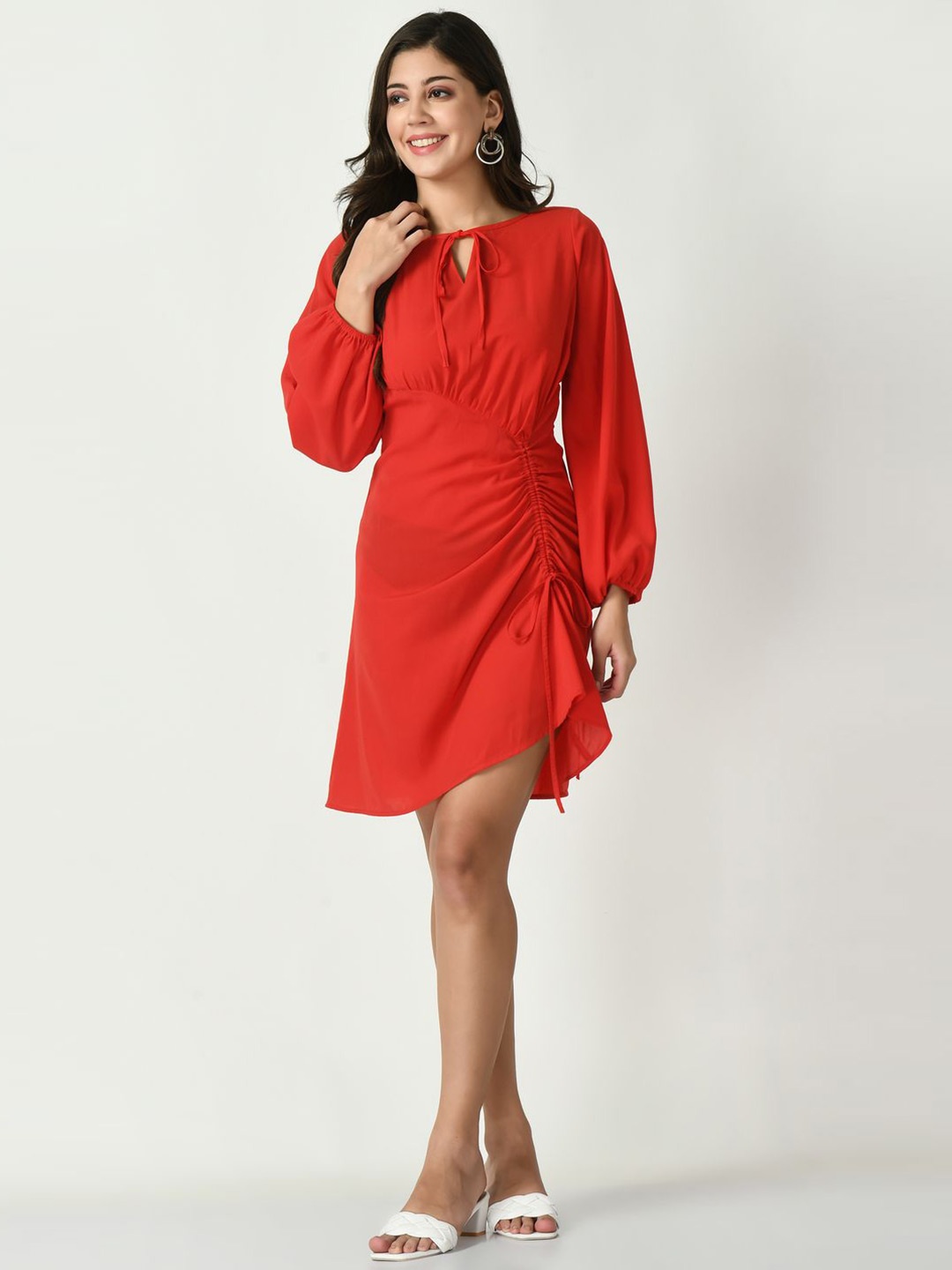 

Tushita Puff Sleeve Georgette Fit & Flare Dress, Red