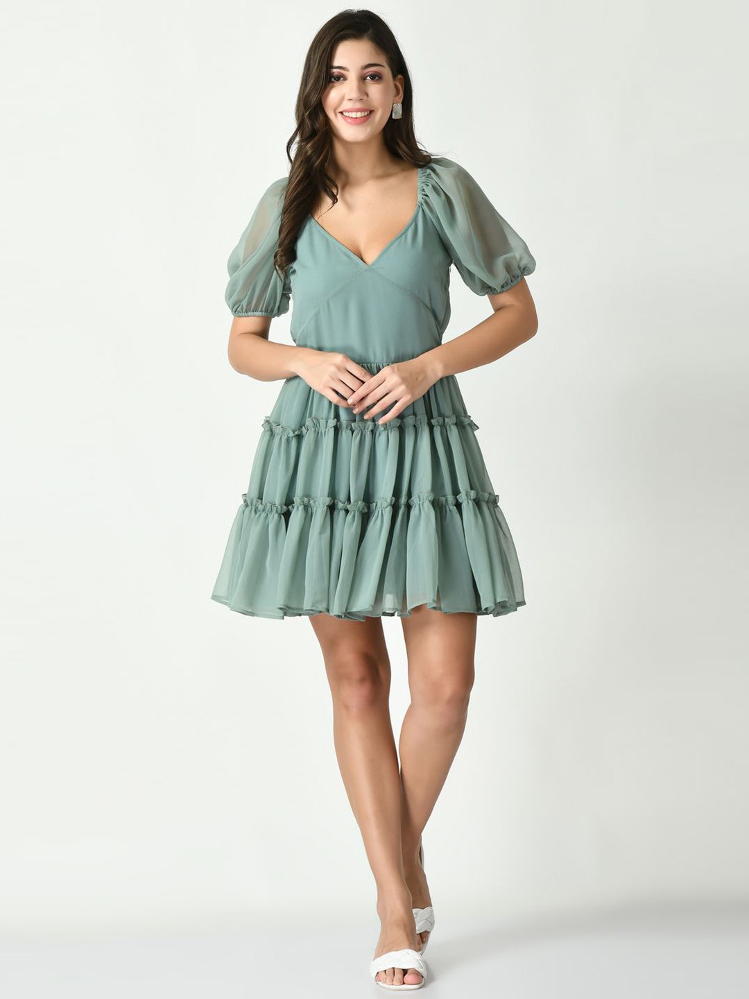 

Tushita Women Layered Fit & Flare Puff Sleeve Dress, Green