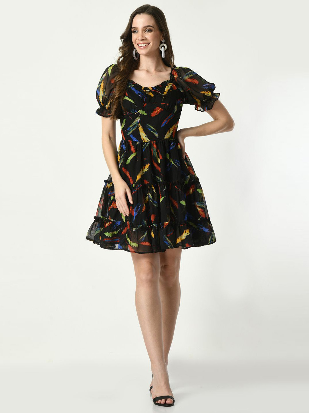 

Tushita Floral Print Puff Sleeve Fit & Flare Dress, Black
