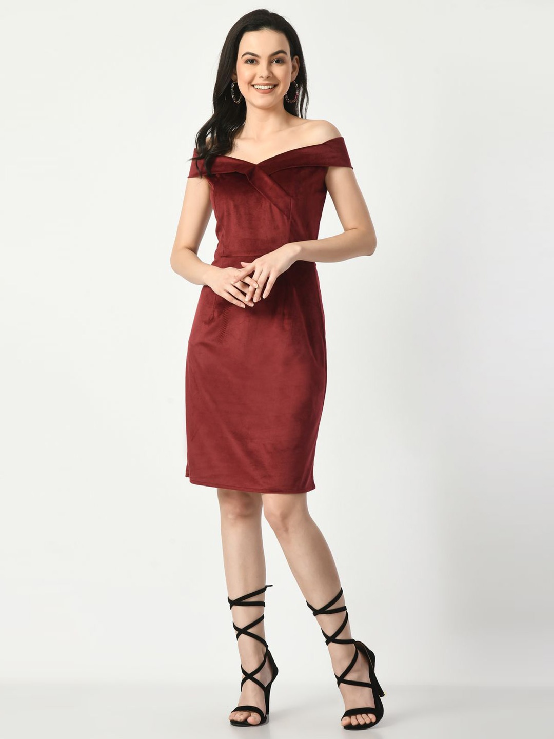 

Tushita Off-Shoulder Velvet Sheath Dress, Maroon