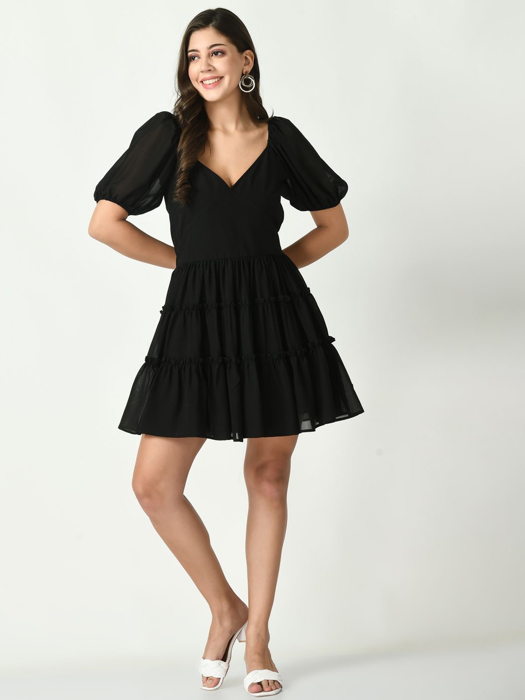 

Tushita Women Layered Fit & Flare Puff Sleeve Dress, Black