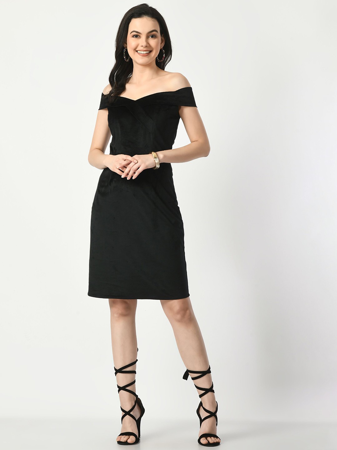 

Tushita Off-Shoulder Velvet Sheath Dress, Black