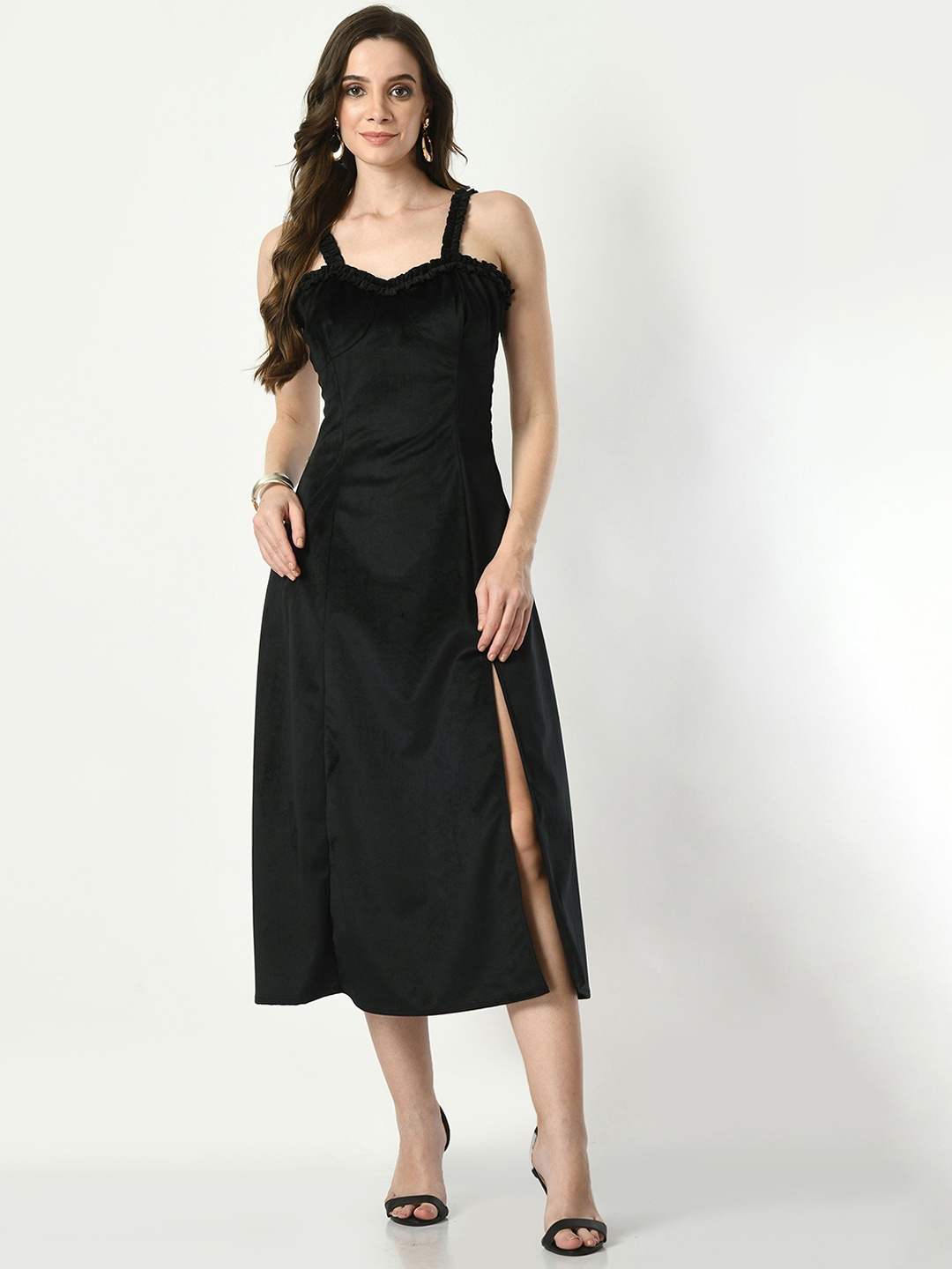 

Tushita Women Velvet A-Line Midi Dress, Black