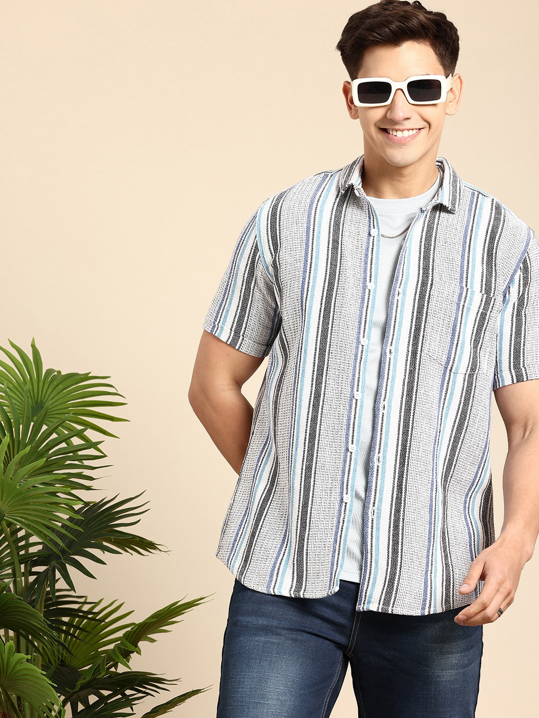 

Mast & Harbour Men Slim Fit Striped Casual Shirt, Blue