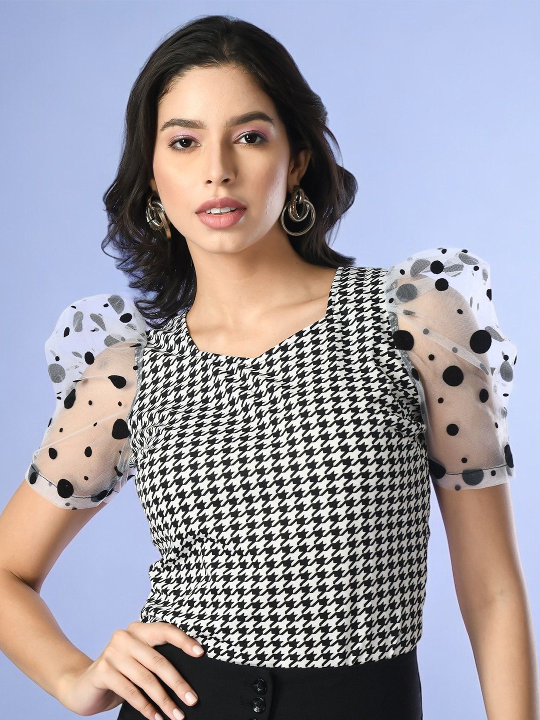 

Moshe Monochrome Checked Printed V-Neck Top, Black