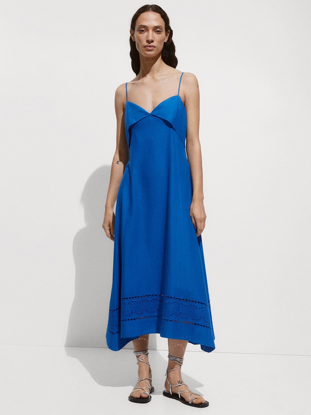 

MANGO Cotton Linen A-Line Midi Dress, Blue